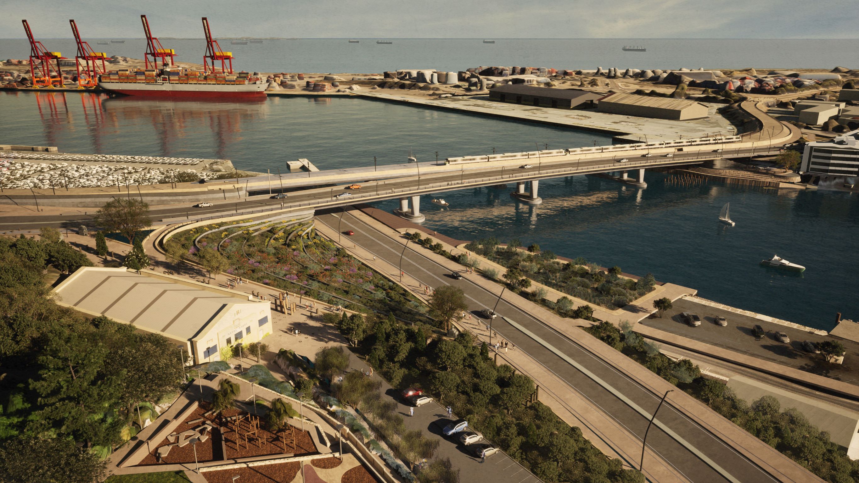 swan-river-crossings-aerial-render-canning-highway-and-naval-store-port-view