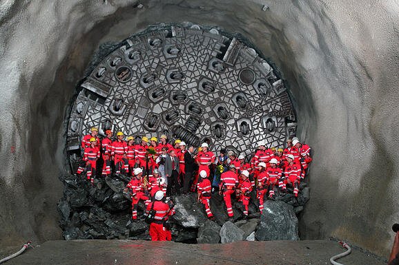 Gotthard works & tunnel boring machine as it hit target destination Amsteg