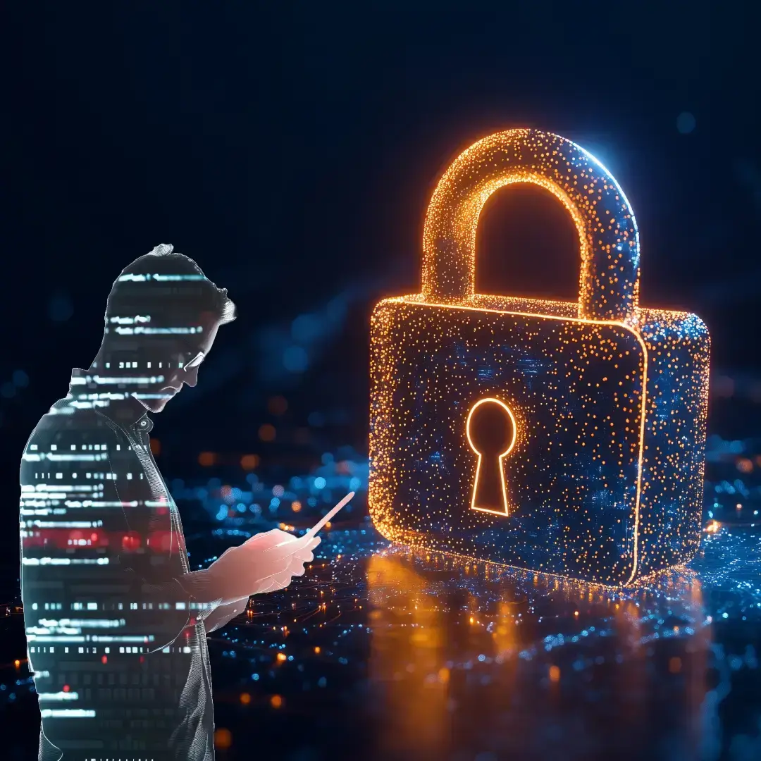 Cybersecurity concept with digital lock and data protection