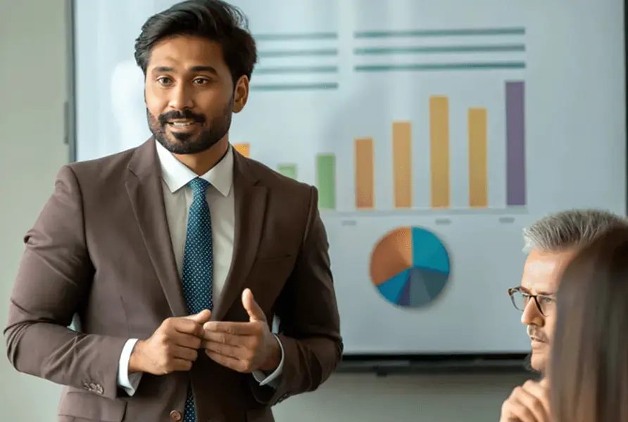 Business professional presenting vendor management strategy