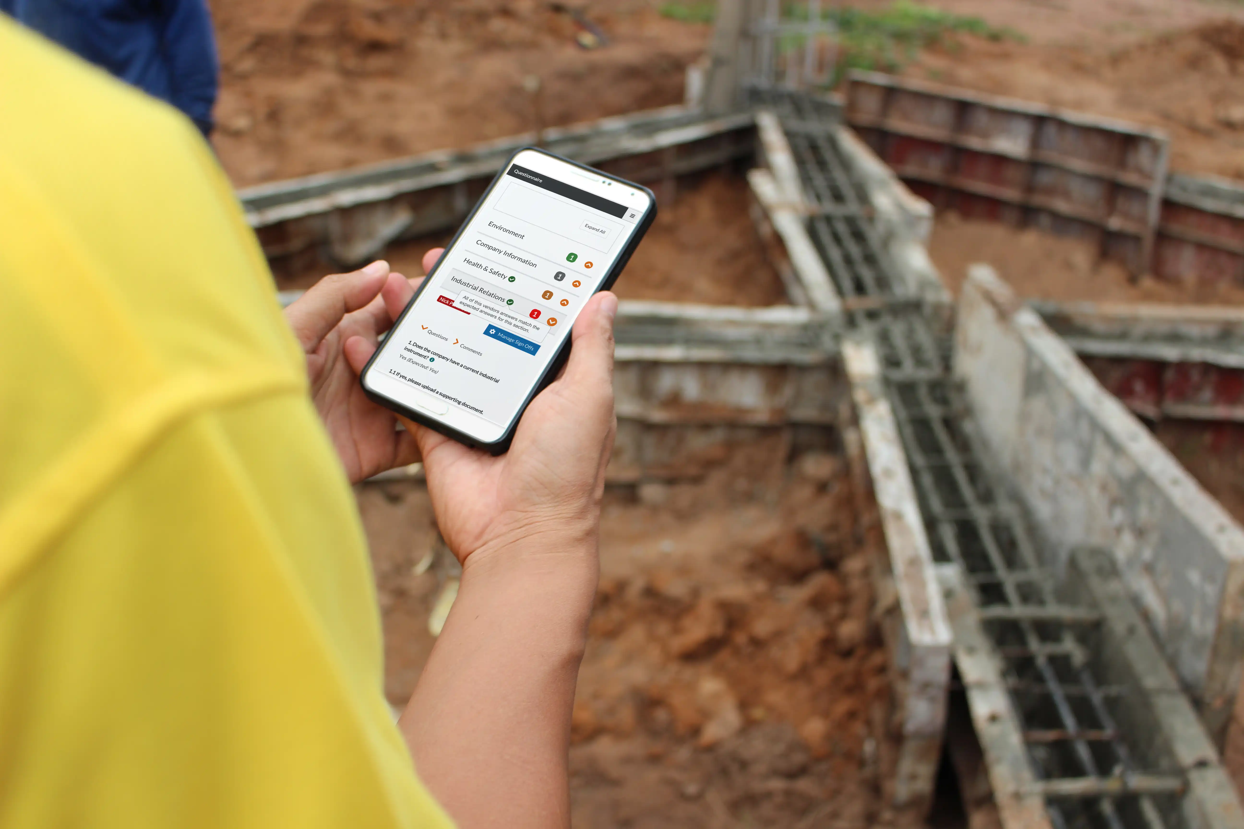 Engineer using procurement software app on-site