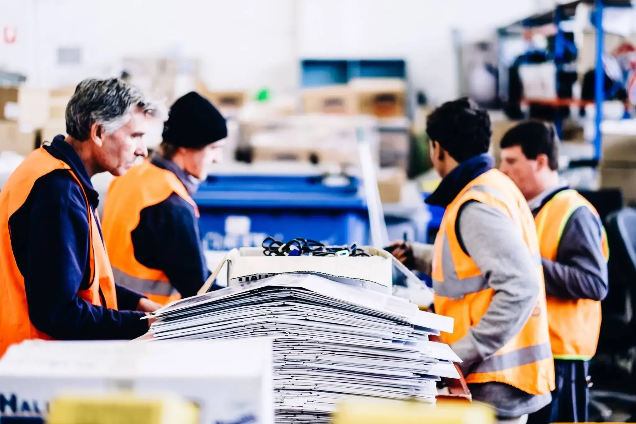 Warehouse staff in safety vests handling materials, illustrating Felix’s vendor management and compliance in operations.
