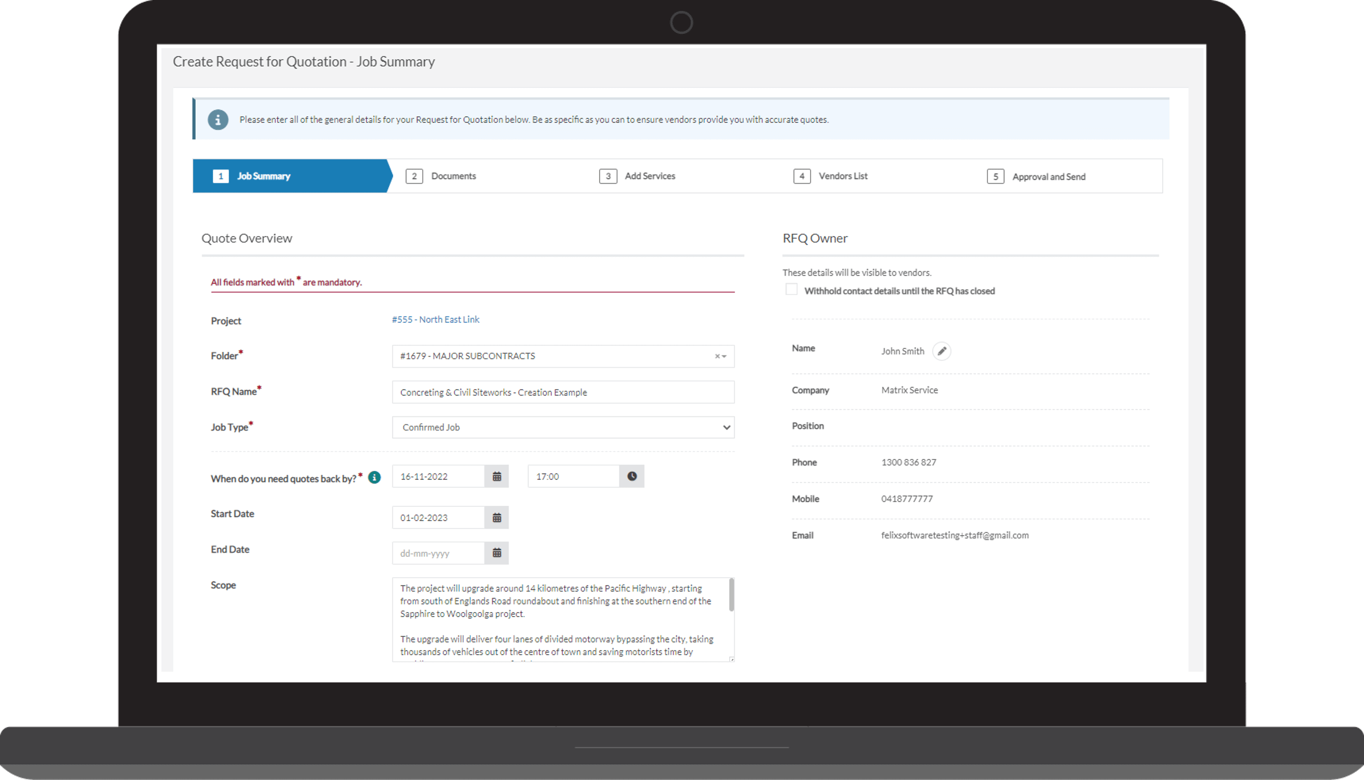 Felix sourcing interface for creating and managing RFQs with verified vendors.