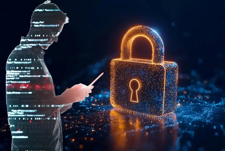Man using a digital device beside a glowing padlock, symbolising Felix’s commitment to data security and privacy.