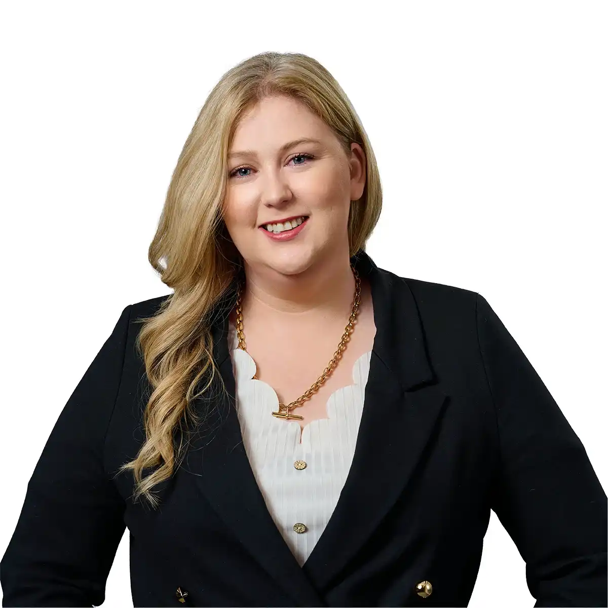 Professional headshot of a woman in business attire smiling against a white background.