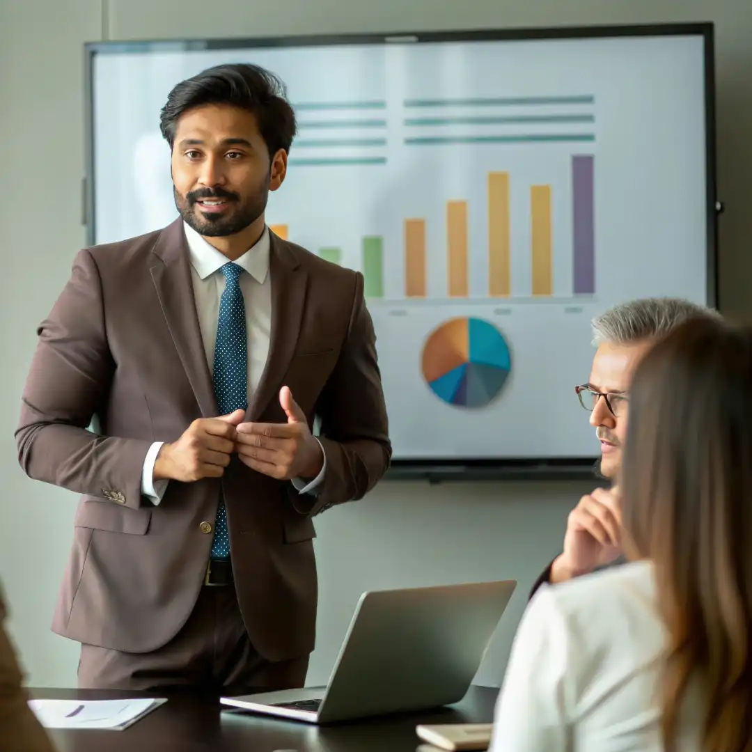 Business leader presenting performance charts to a team during a strategic discussion in a meeting room.
