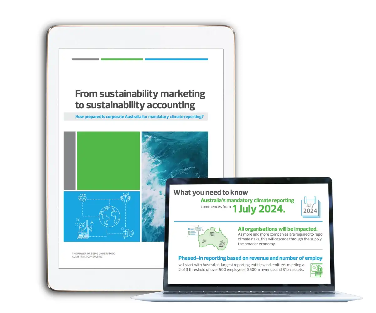Tablet and laptop displaying sustainability reporting information and climate reporting timelines.